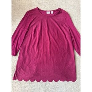 Chicos Top Size‎ 1 US M Burgundy 3/4 Sleeve Pullover Scalloped Edges Faux Suede